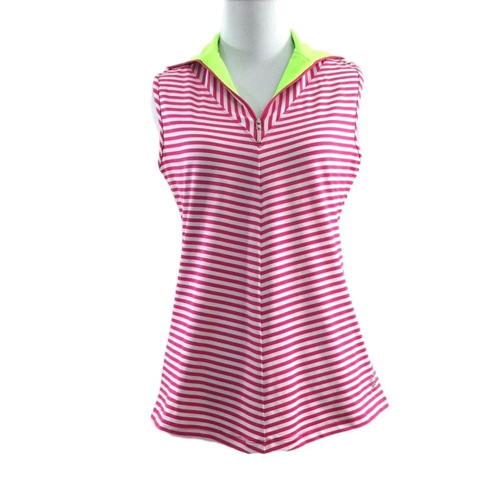 Jofit Pink Green Stripe Quarter Zip Tank Top Womens‎ Small Sleeveless Golf